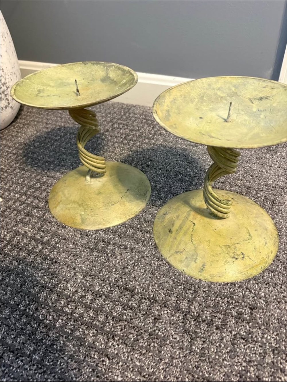 Rustic farmhouse pillar candle holders with twisted stem, weathered green patina